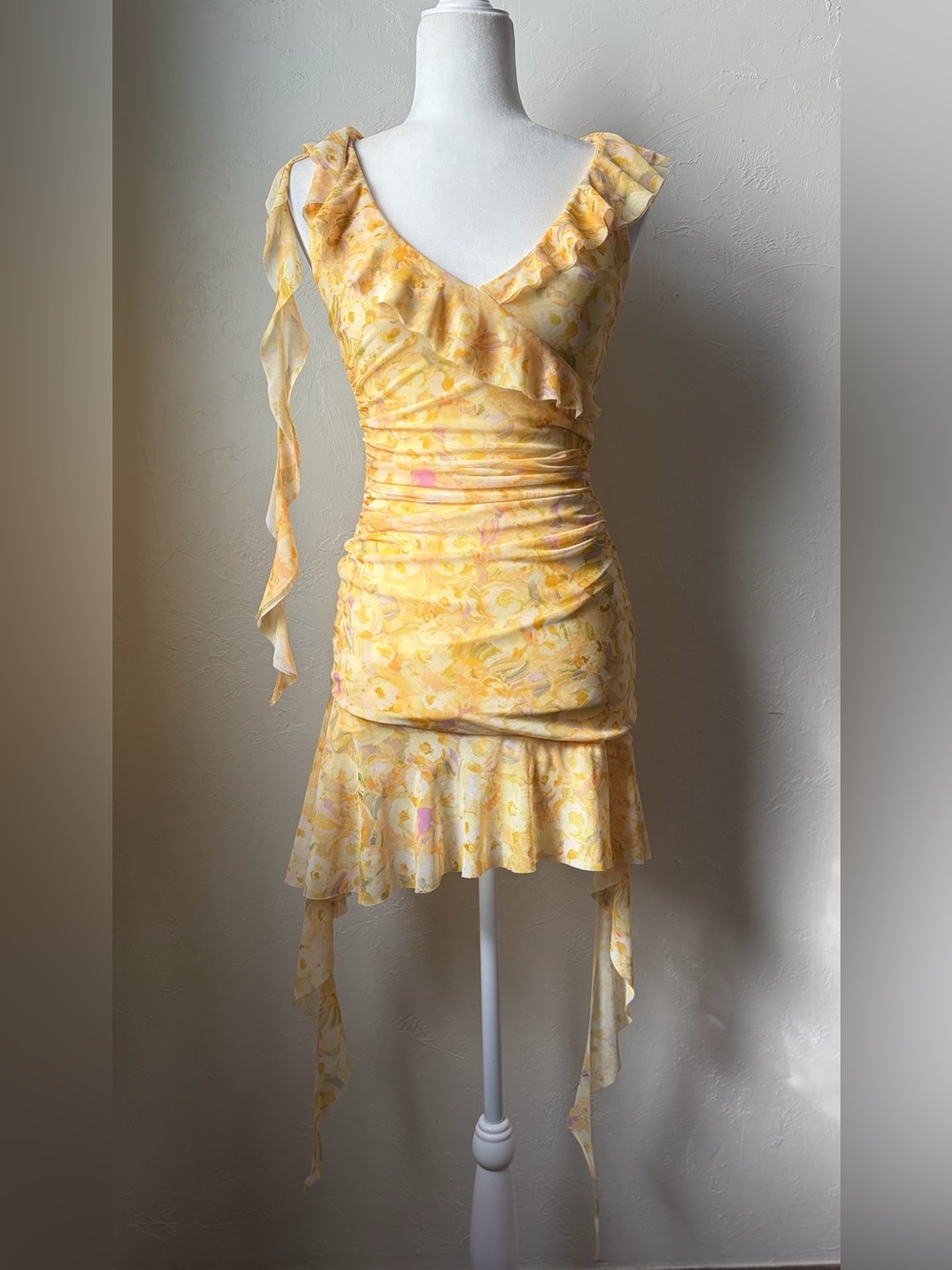 Zara Yellow Floral Tulle Ruched Bodycon Mini Dress with Ruffles Size S